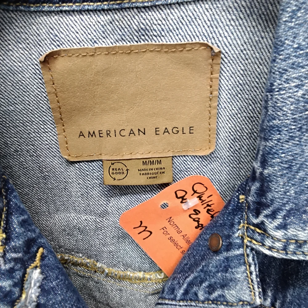 American Eagle Outfitters Patchwork Denim Jacket with Purple and Yellow Accents - Picture 6 of 8